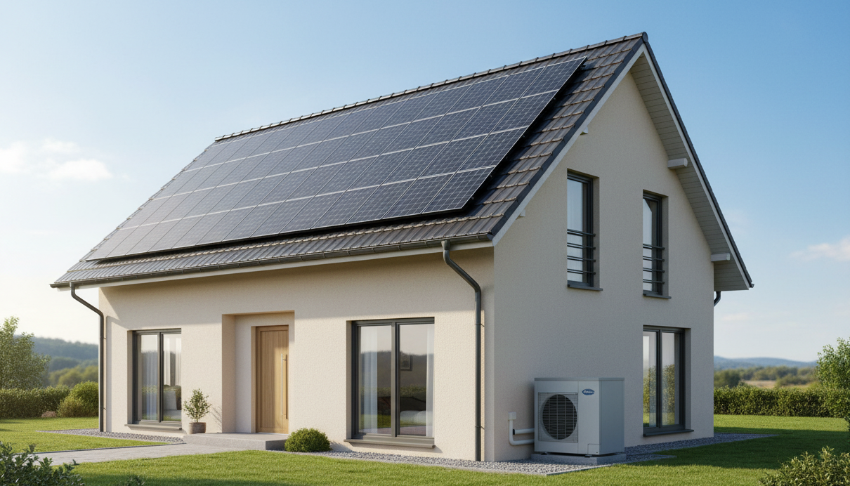 Hero-Bild: Energieeffizientes Gebäude mit Wärmepumpe, PV-Anlage und moderner Regelungstechnik