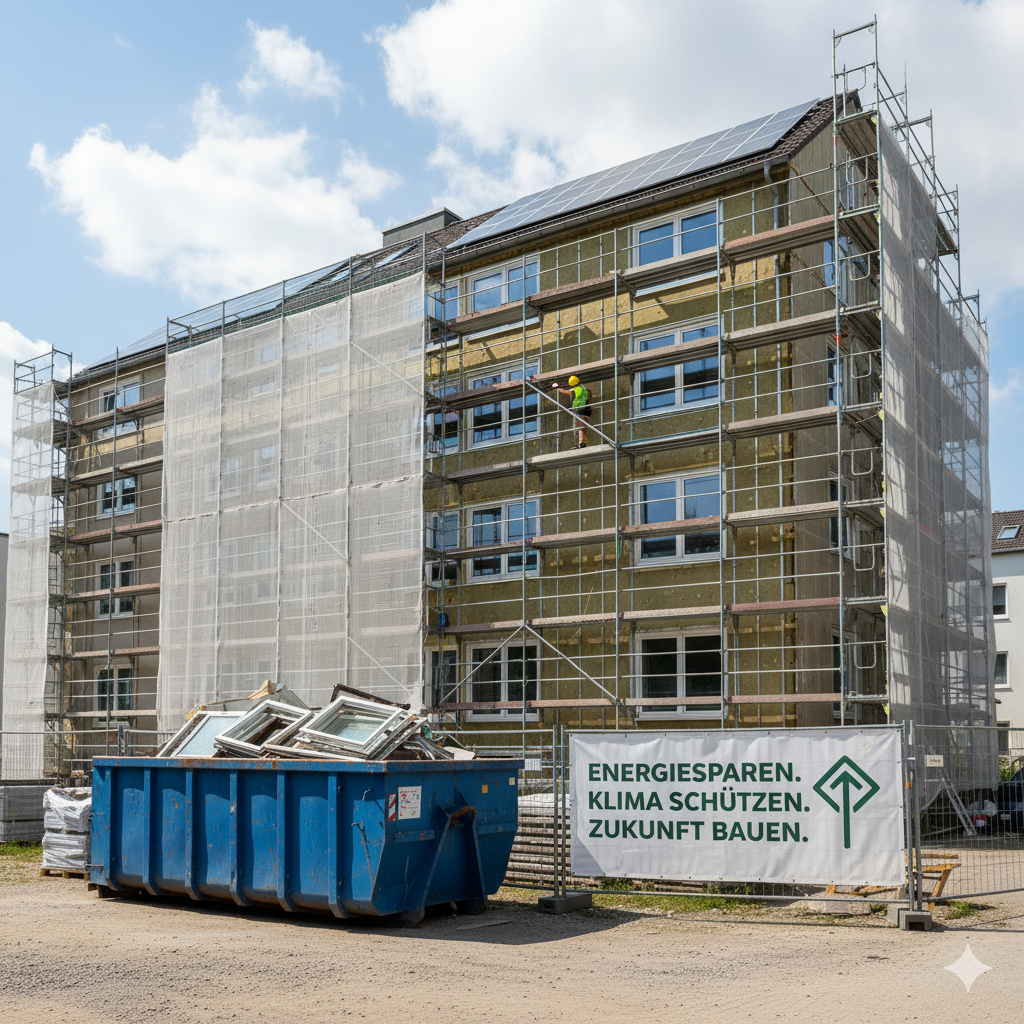 Schematische Darstellung: energetische Sanierung mit Dämmung, Wärmepumpe, Photovoltaik, Regelung