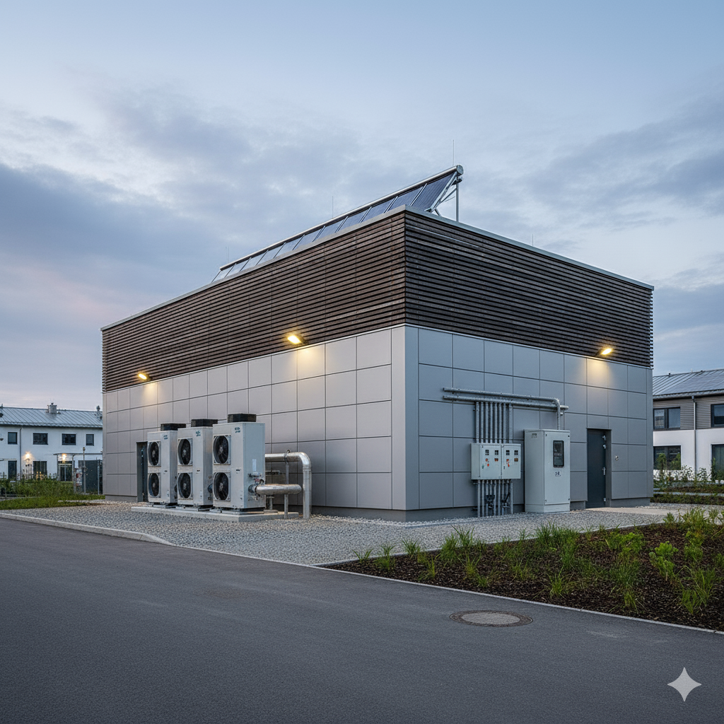 B2B: Technikzentrale im Bestand mit Wärmepumpe, Pufferspeicher, Regelung und Monitoring